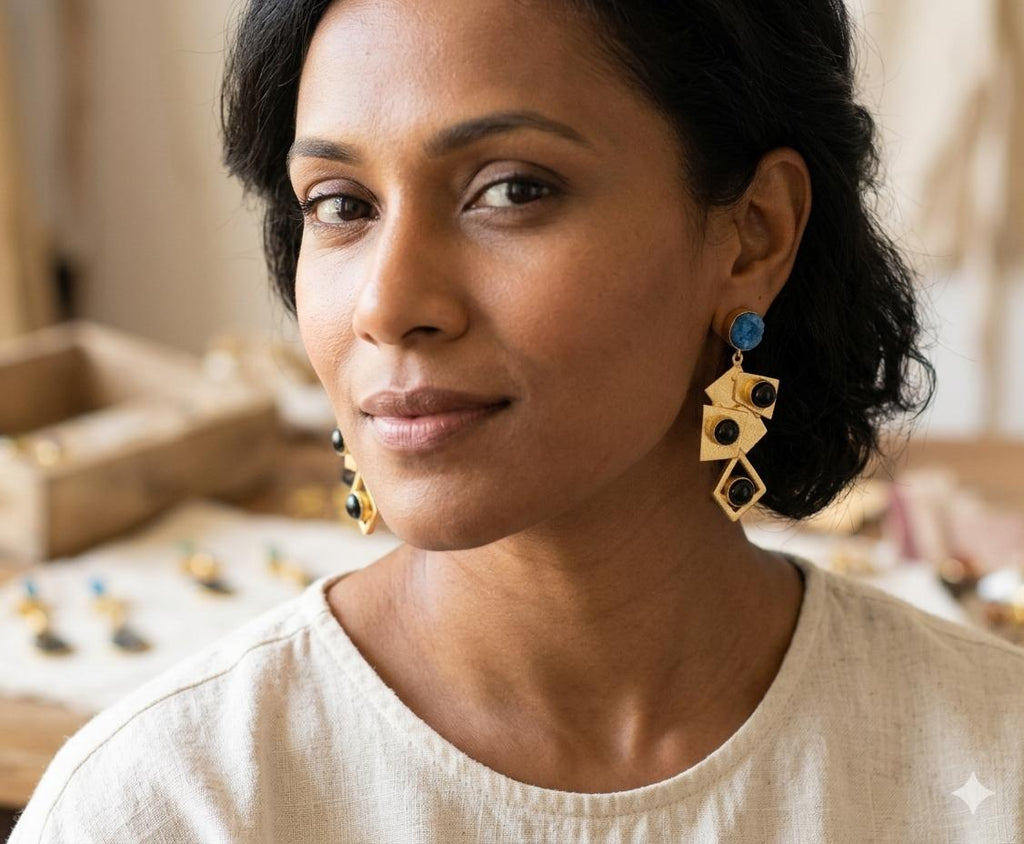 Handmade Blue Druzy Black Agate Geometric Dangle Earrings: Gold Plated, Hypoallergenic