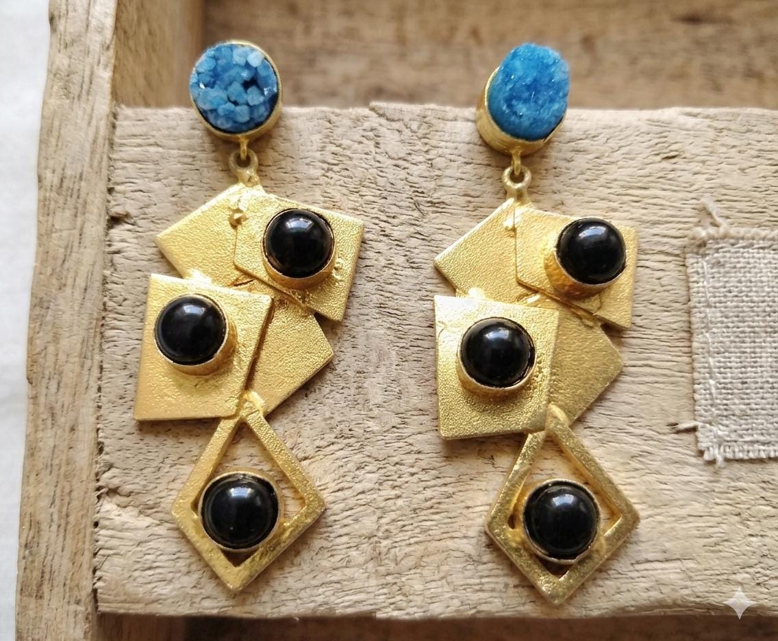 Handmade Blue Druzy Black Agate Geometric Dangle Earrings: Gold Plated, Hypoallergenic