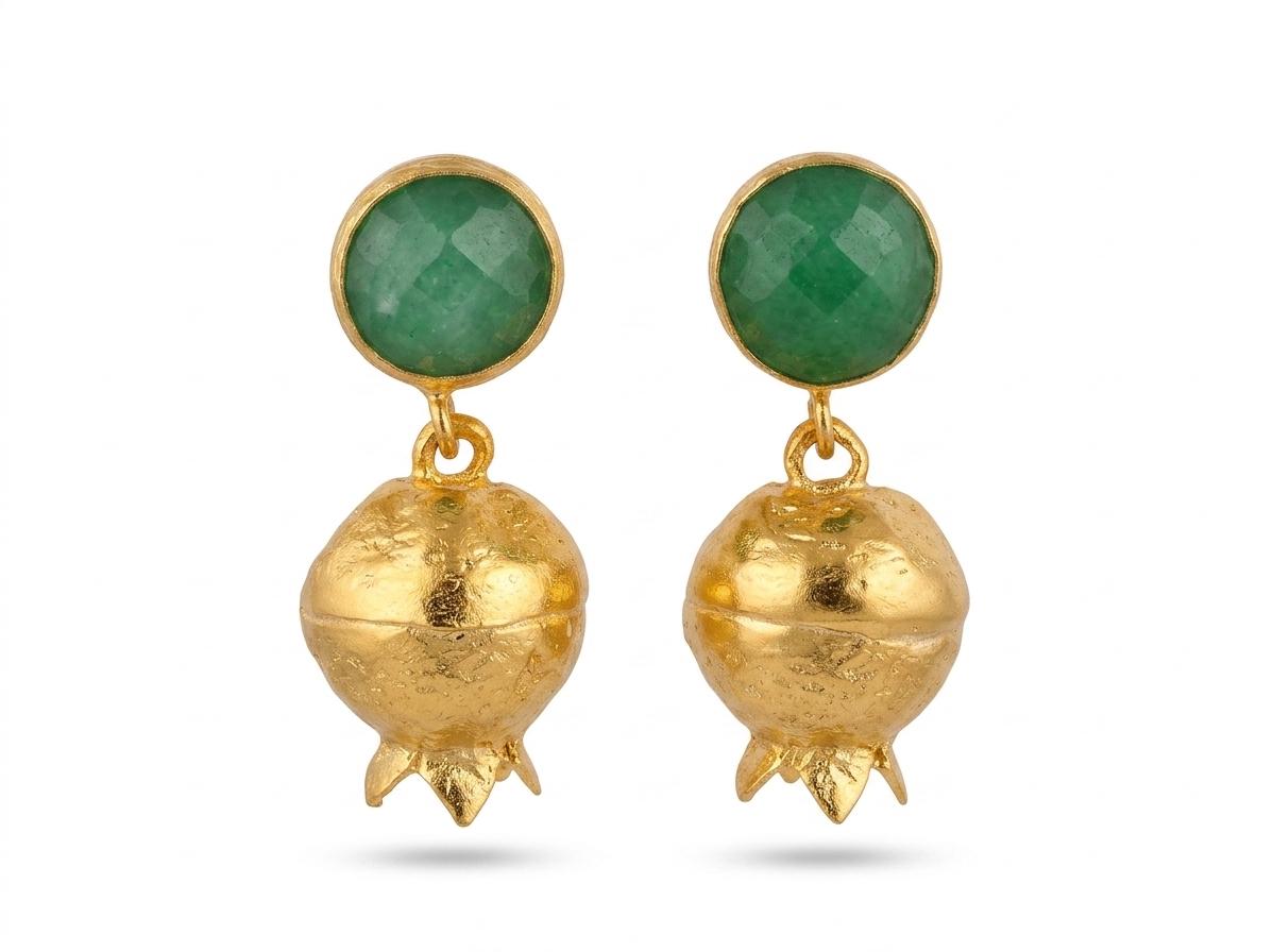 Handmade Pomegranate Earrings, Green Jade, Gold Plated Bronze, Turkish Boho Earrings