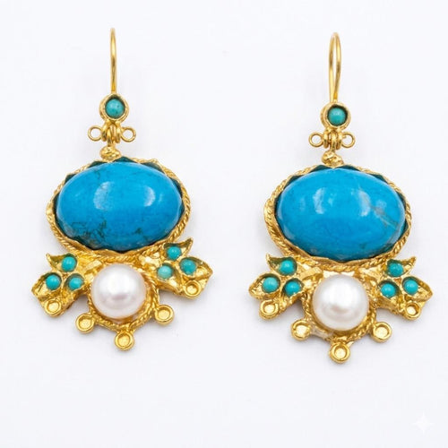 Antique Ottoman Turkish Style Chandelier Earrings – Blue Howlite, Pearl, Gold Plated Brass