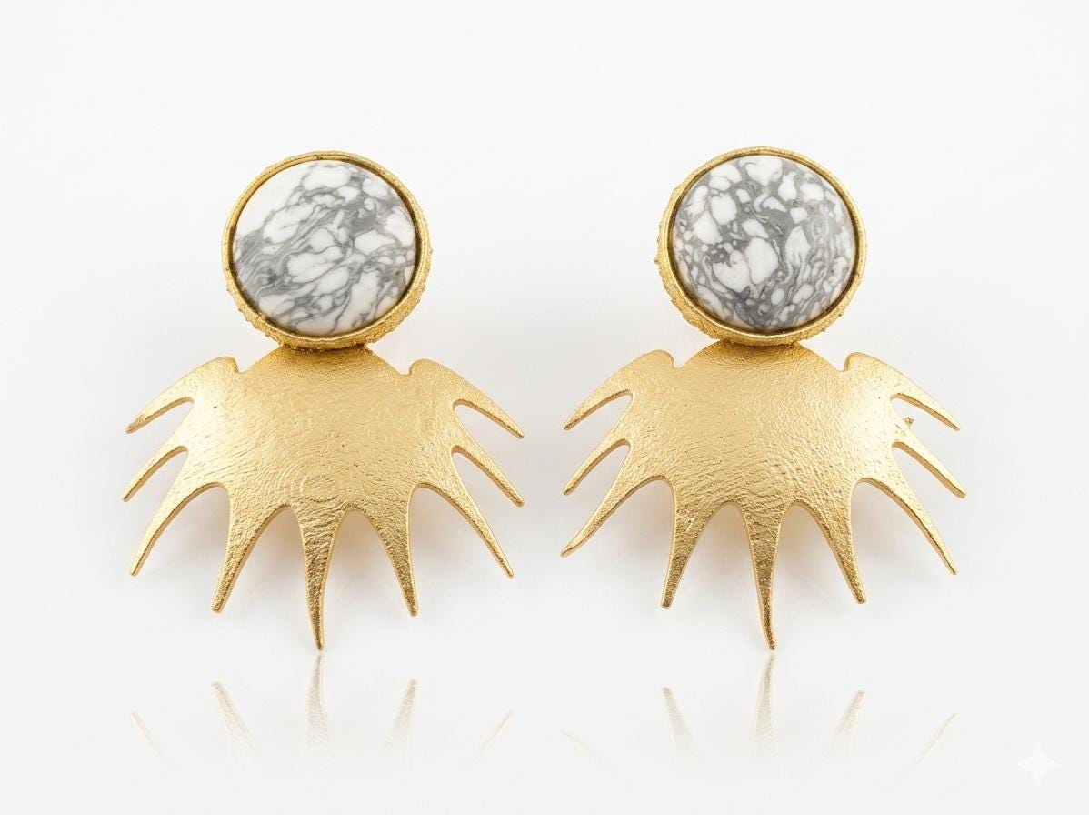 Gold Plated White Howlite Stone Earrings - Hypoallergenic Stud Earrings with Smart Gift Packaging