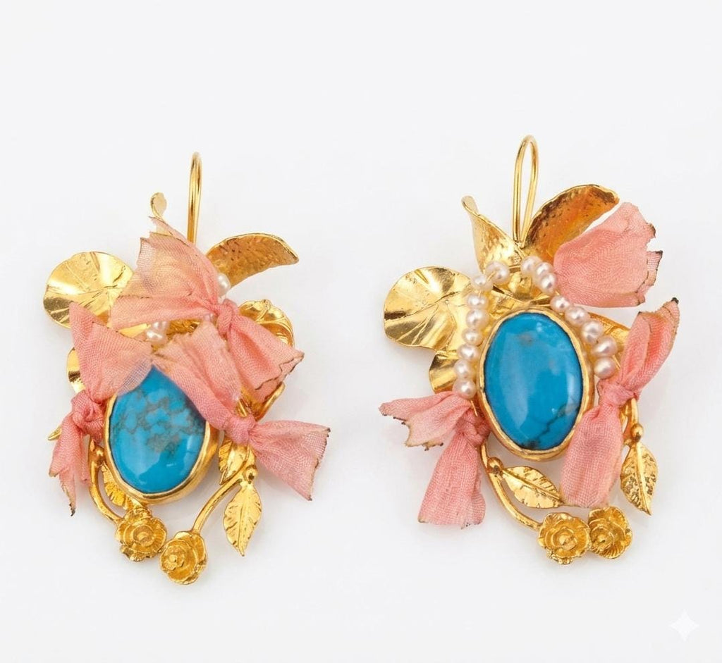Gold Plated Brass Turquoise Pearl Earrings with Salmon Silk – Hypoallergenic Dangle Jewelry