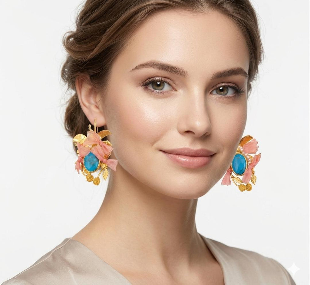 Gold Plated Brass Turquoise Pearl Earrings with Salmon Silk – Hypoallergenic Dangle Jewelry