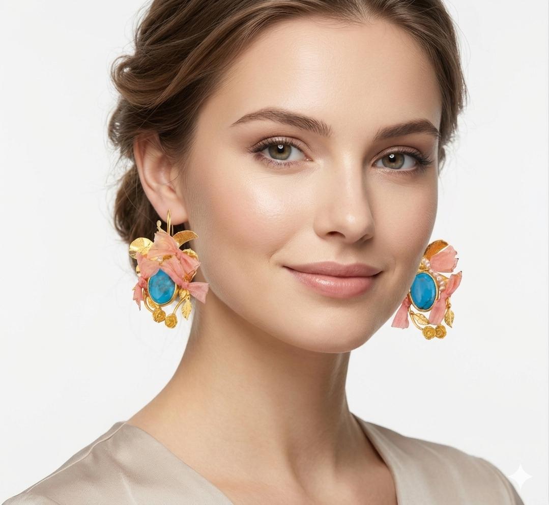 Gold Plated Brass Turquoise Pearl Earrings with Salmon Silk – Hypoallergenic Dangle Jewelry