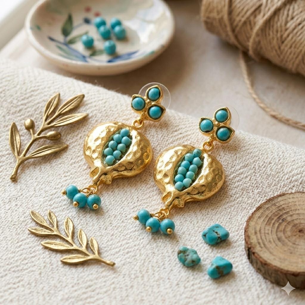 Gold Plated Pomegranate Earrings with Blue Howlite Beads