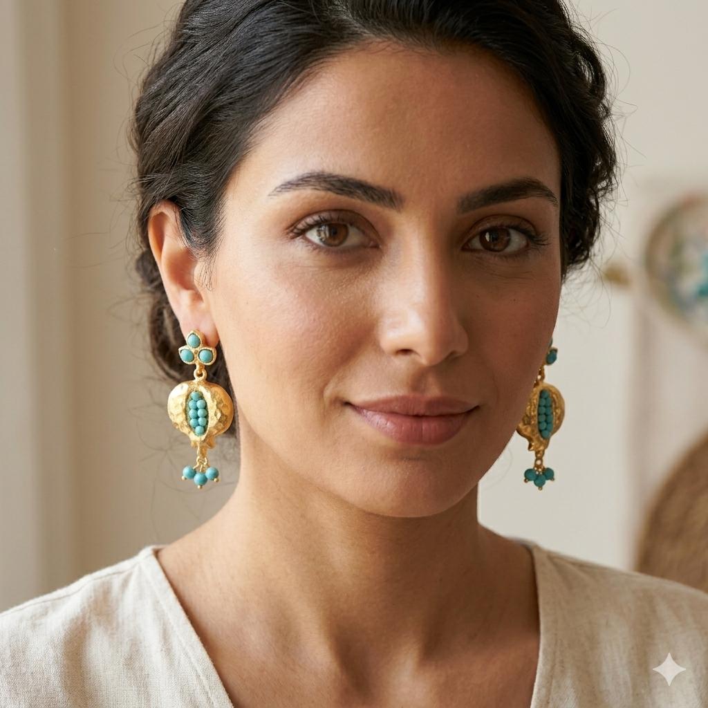 Gold Plated Pomegranate Earrings with Blue Howlite Beads