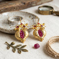 Gold Plated Pomegranate Earrings, Ruby Jade, Boho Turkish Tribal Style