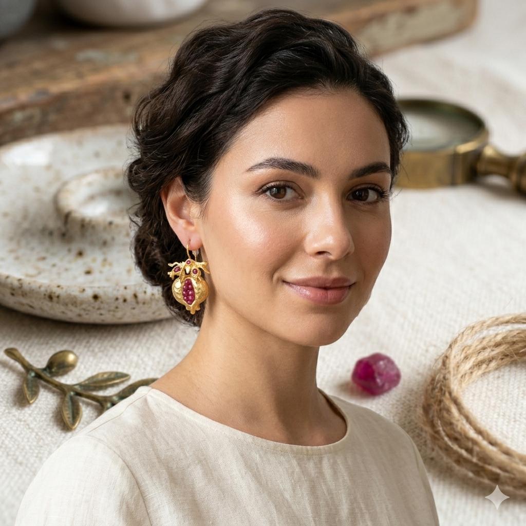 Gold Plated Pomegranate Earrings, Ruby Jade, Boho Turkish Tribal Style