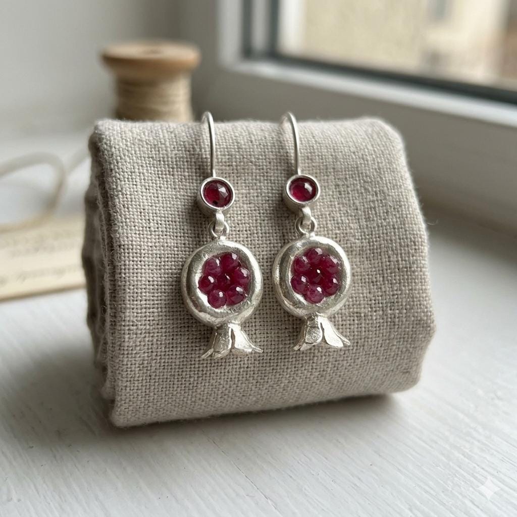 Silver Plated Pomegranate Earrings: Ruby Jade Boho Dangle Greek Mythology Symbolism