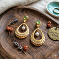 Green Agate Pearl Dangle Hoop Earrings – Gold Plated Brass, Turkish Style