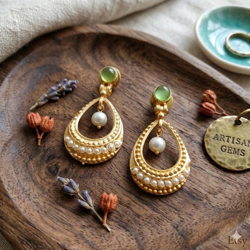 Green Agate Pearl Dangle Hoop Earrings – Gold Plated Brass, Turkish Style