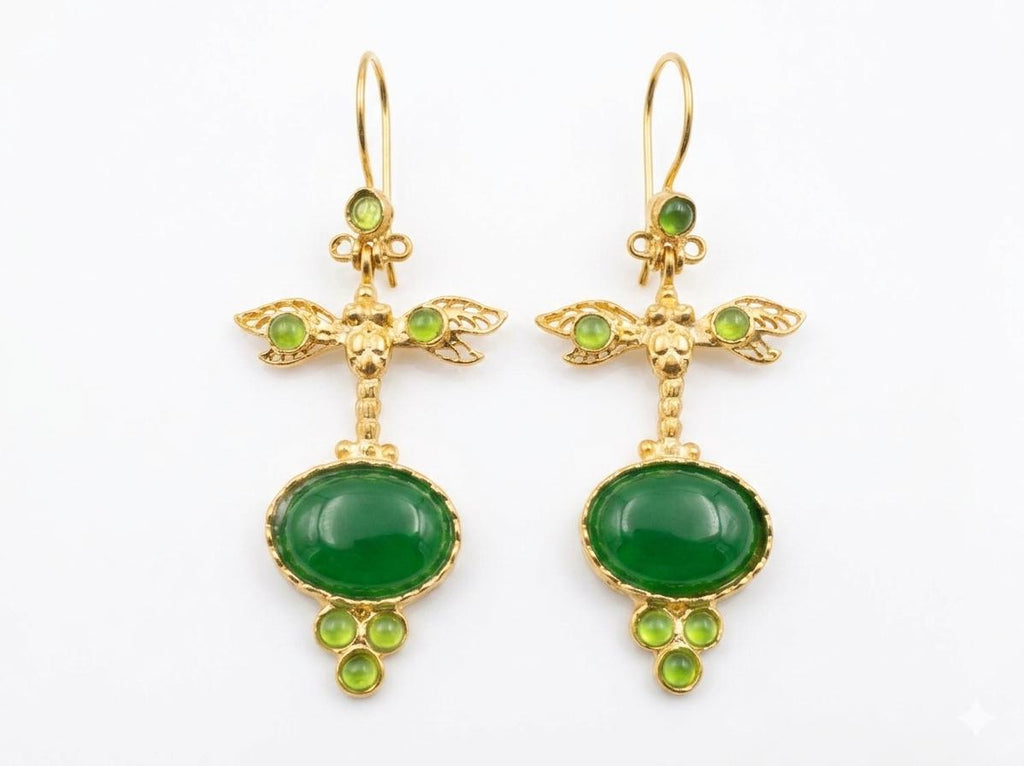 Exquisite Gold Plated Dragonfly Green Agate Ottoman Chandelier Earrings
