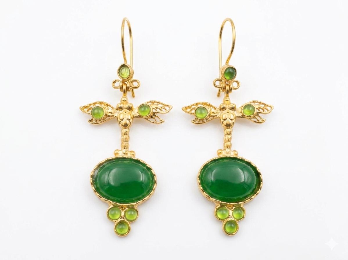 Exquisite Gold Plated Dragonfly Green Agate Ottoman Chandelier Earrings