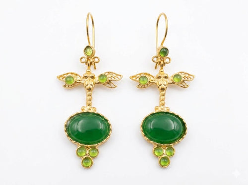 Exquisite Gold Plated Dragonfly Green Agate Ottoman Chandelier Earrings