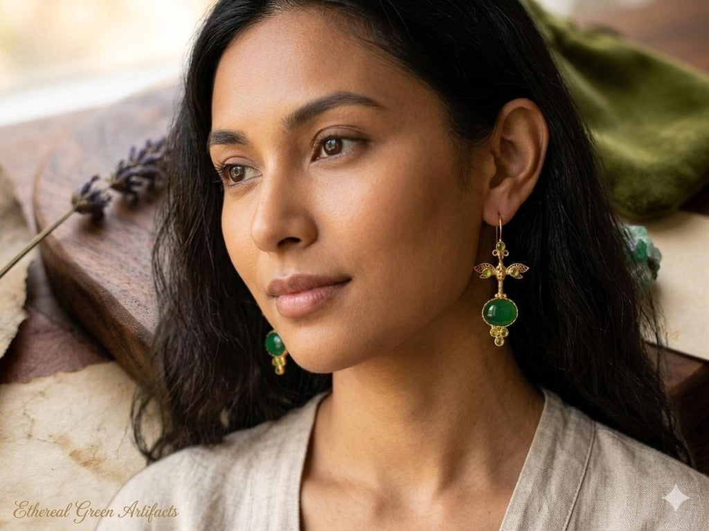 Exquisite Gold Plated Dragonfly Green Agate Ottoman Chandelier Earrings