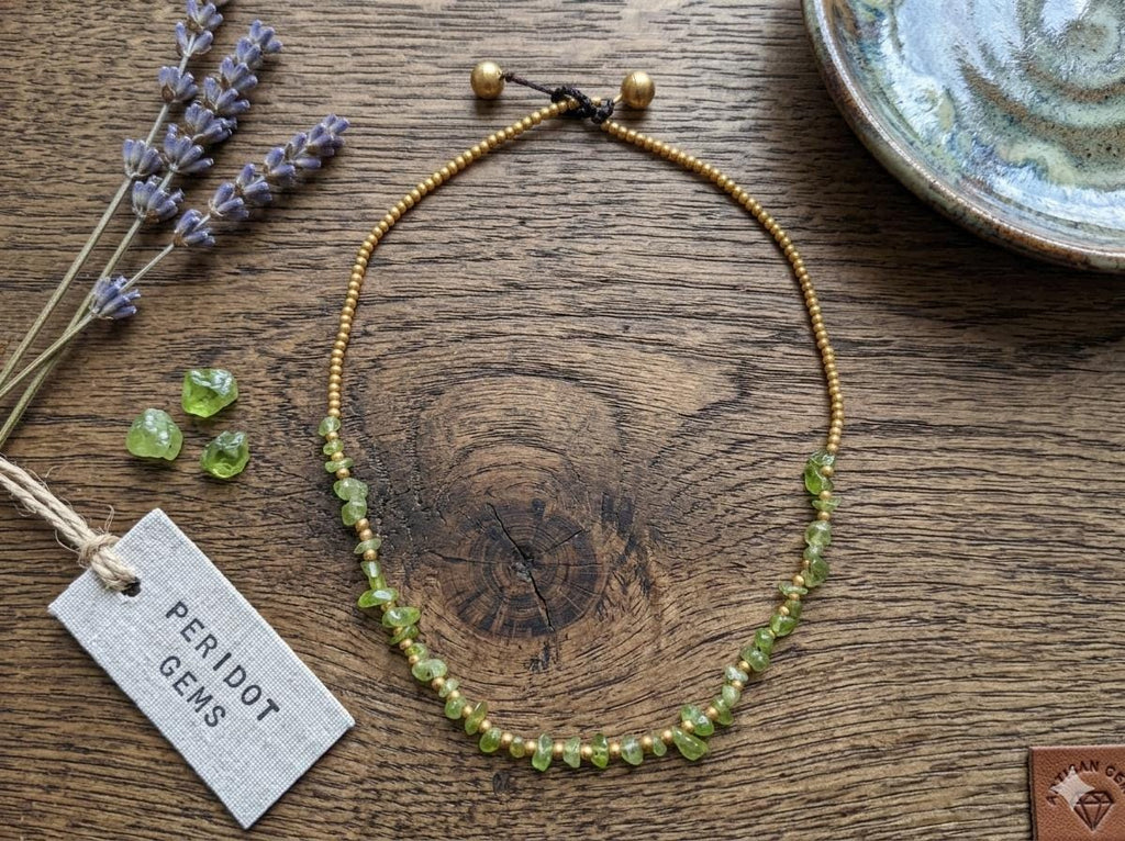 Handmade Peridot Necklace, Brass & Waxed Cord, Adjustable Jewelry