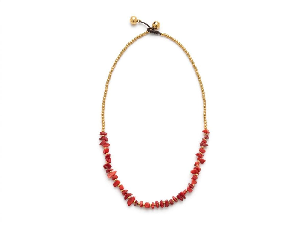 Macrame Coral Chip Necklace, Brass Beads, Adjustable Waxed Cord