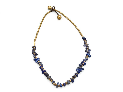 Brass Beaded Macrame Necklace with Sodalite Chips, Adjustable Gemstone Jewelry