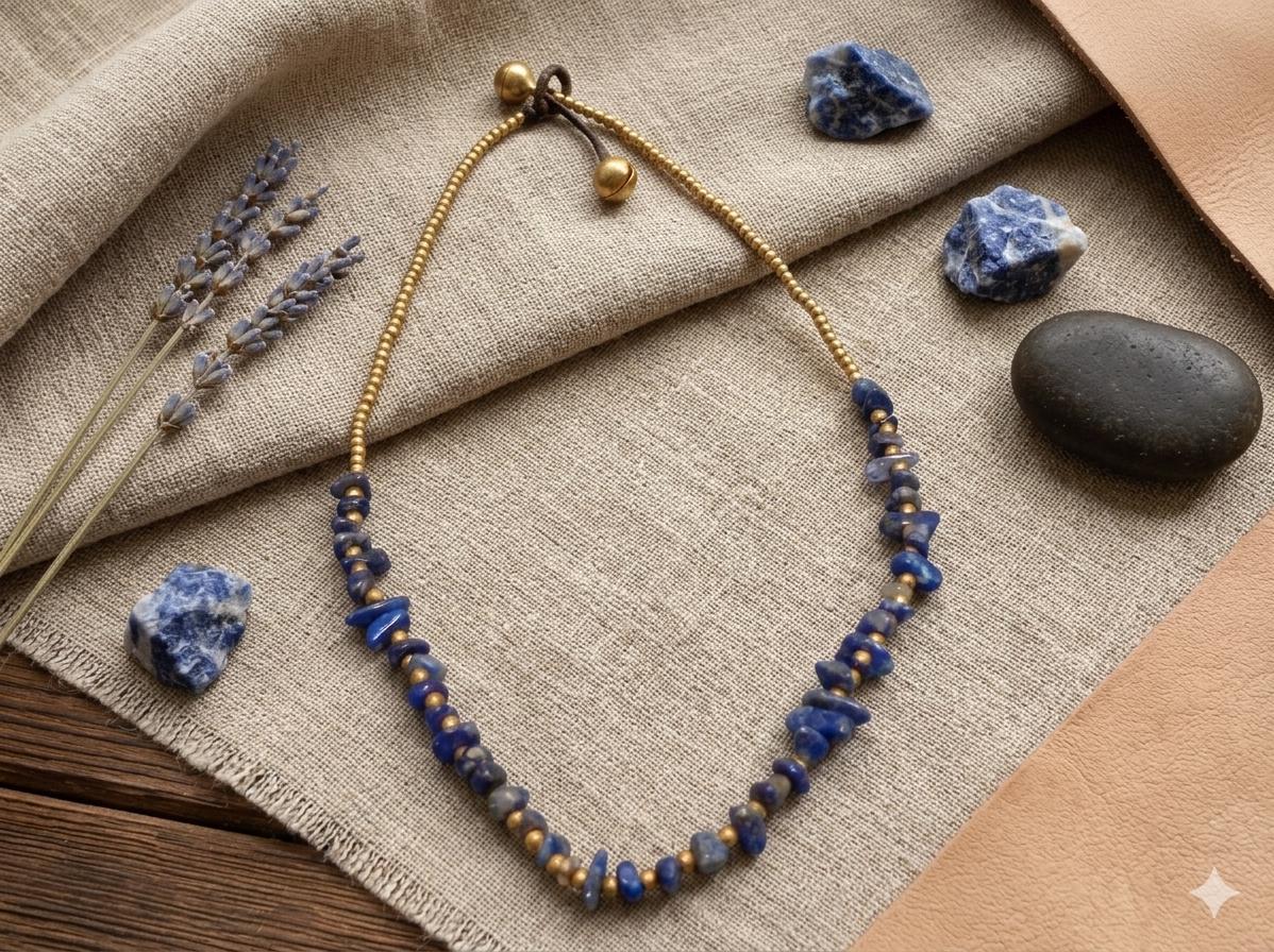 Brass Beaded Macrame Necklace with Sodalite Chips, Adjustable Gemstone Jewelry