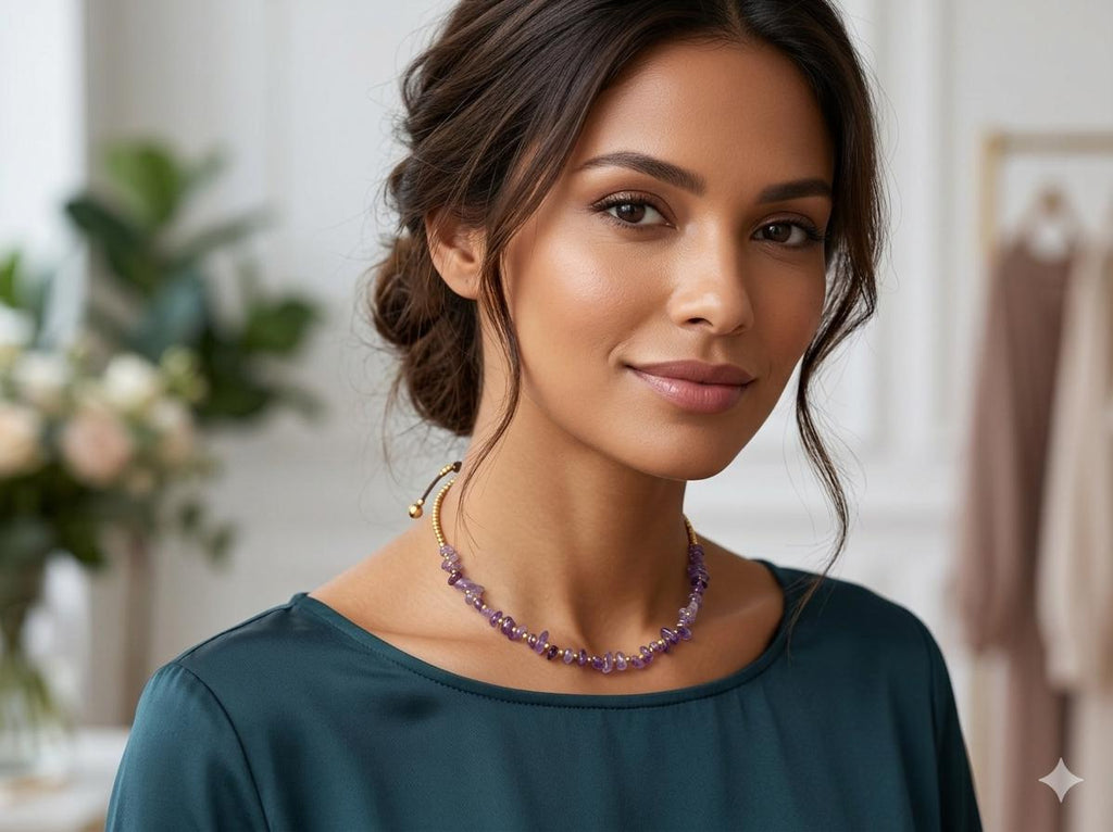 Minimalist Amethyst Brass Beaded Necklace – Adjustable Waxed Cord, Toggle Closure
