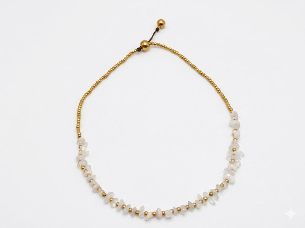 White Quartz Chip Necklace, Brass Bead Chain, Adjustable Waxed Cord