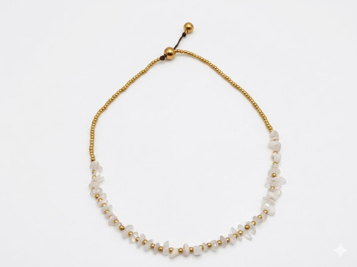 White Quartz Chip Necklace, Brass Bead Chain, Adjustable Waxed Cord