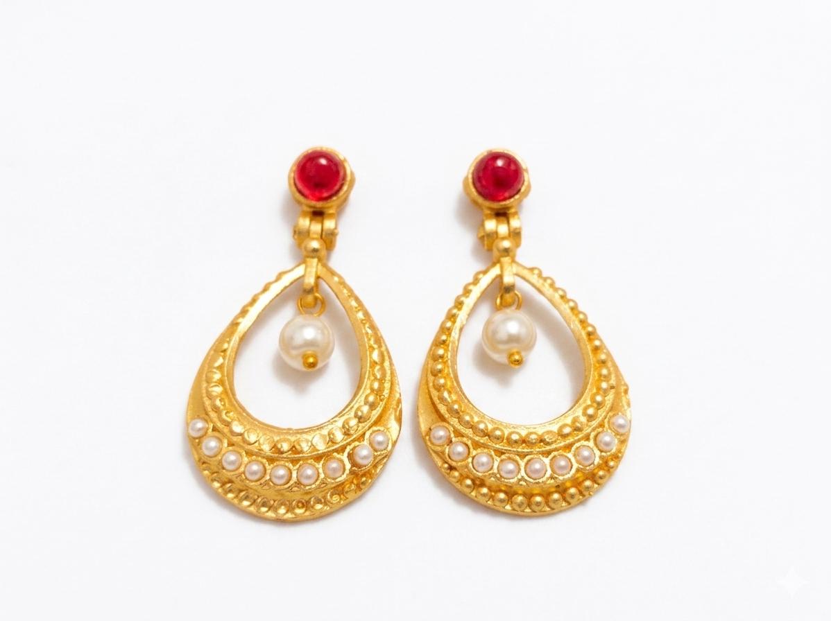 Gold-Plated Hoop Earrings, Yellow Agate, Faux Pearls, Turkish Artisan Jewelry
