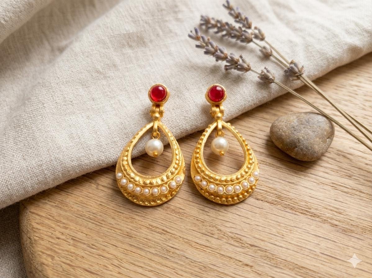 Gold-Plated Hoop Earrings, Yellow Agate, Faux Pearls, Turkish Artisan Jewelry