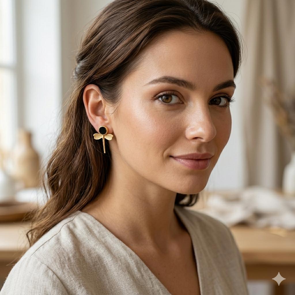 Gold Plated Dragonfly Earrings with Black Agate, Ottoman Style Brass Dangle (2.5cm Width)