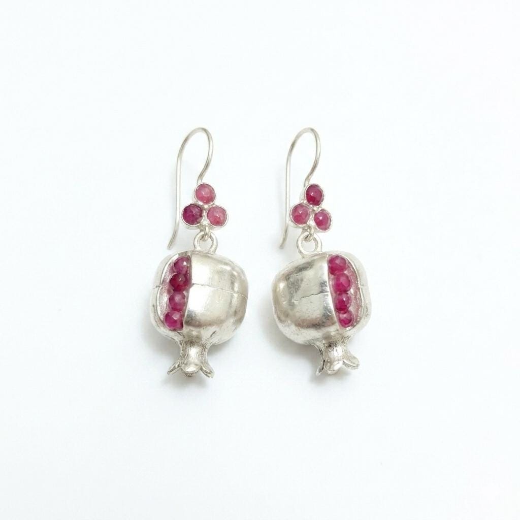 Silver Plated Pomegranate Earrings, Ruby Jade Hook Dangle, Boho Ottoman Design