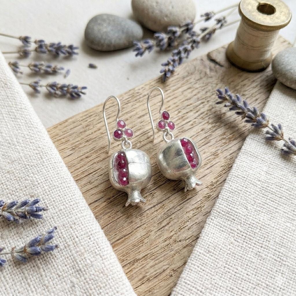Silver Plated Pomegranate Earrings, Ruby Jade Hook Dangle, Boho Ottoman Design