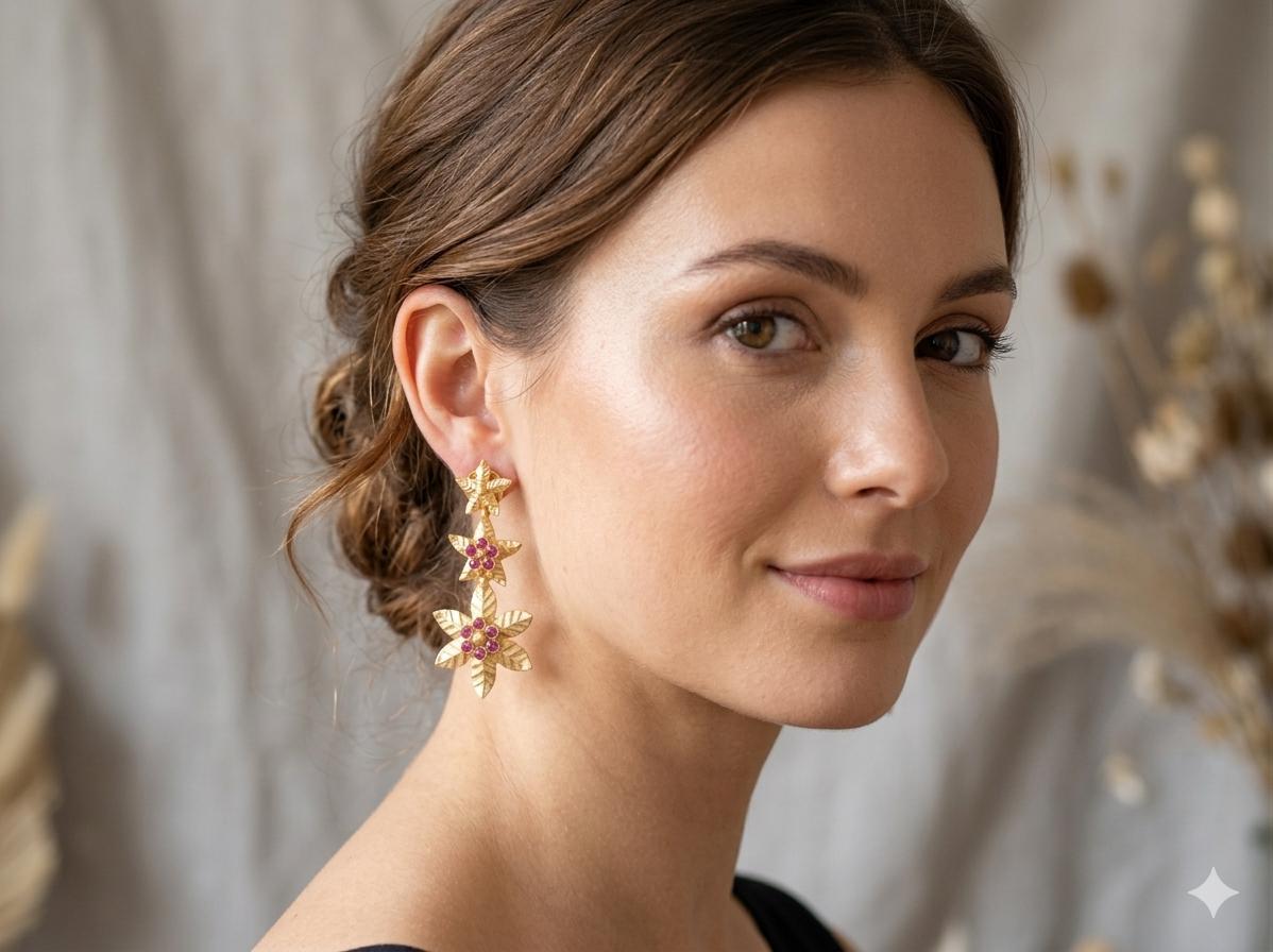 Gold Plated Flower Earrings with Bougainville Jade – Oriental Ottoman Dangle Studs