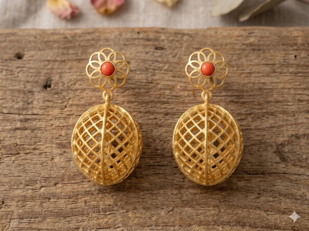 Gold Plated Brass Flower Earrings, Pink Agate Gemstone, Lightweight
