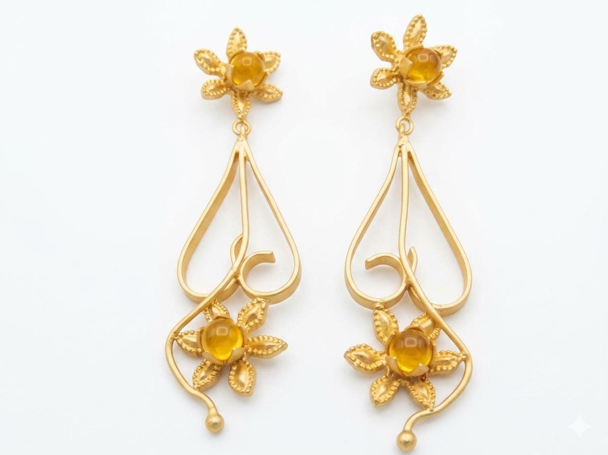 Gold Plated Daisy Dangle Earrings with Yellow Agate, Hypoallergenic Handmade Jewelry