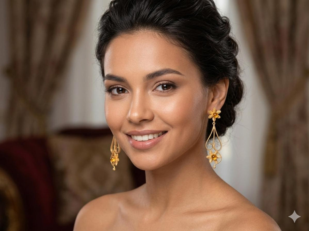 Gold Plated Daisy Dangle Earrings with Yellow Agate, Hypoallergenic Handmade Jewelry