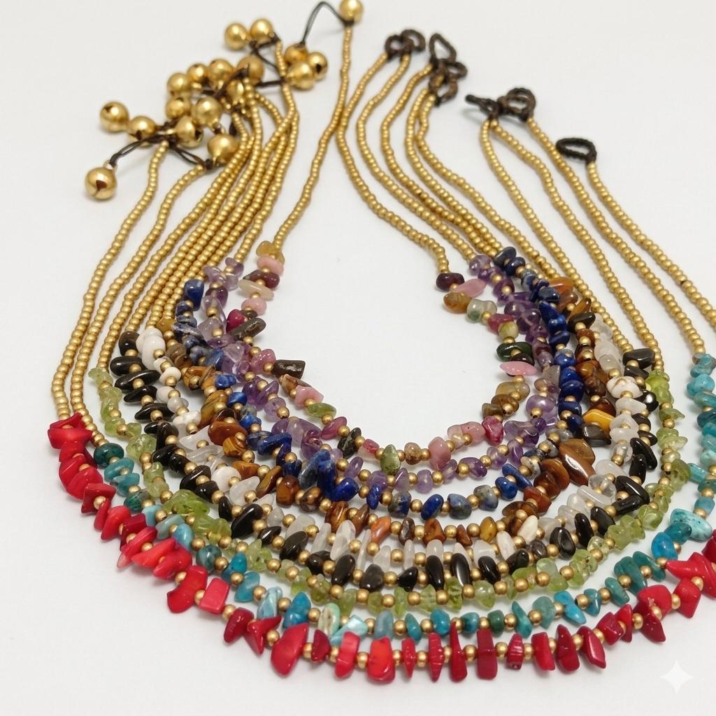 Macrame Gemstone Necklace, Brass Bead, Adjustable Waxed Cord