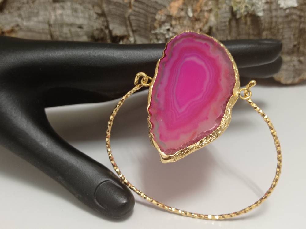 Pink Agate Turkish Gold Plated Brass Hinged Bracelet – Unique Statement Jewelry