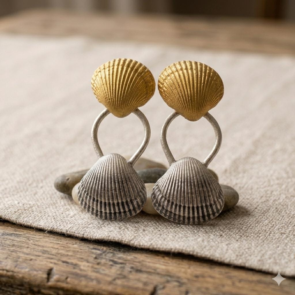 Matte Gold Plated Seashell Earrings – Hypoallergenic Turkish Dangle Studs