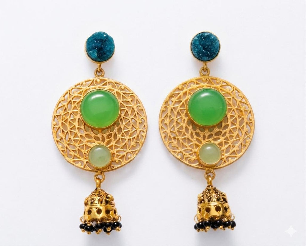 Blue Druzy Green Agate Jhumka Earrings, Gold Plated Brass Filigree Dangle