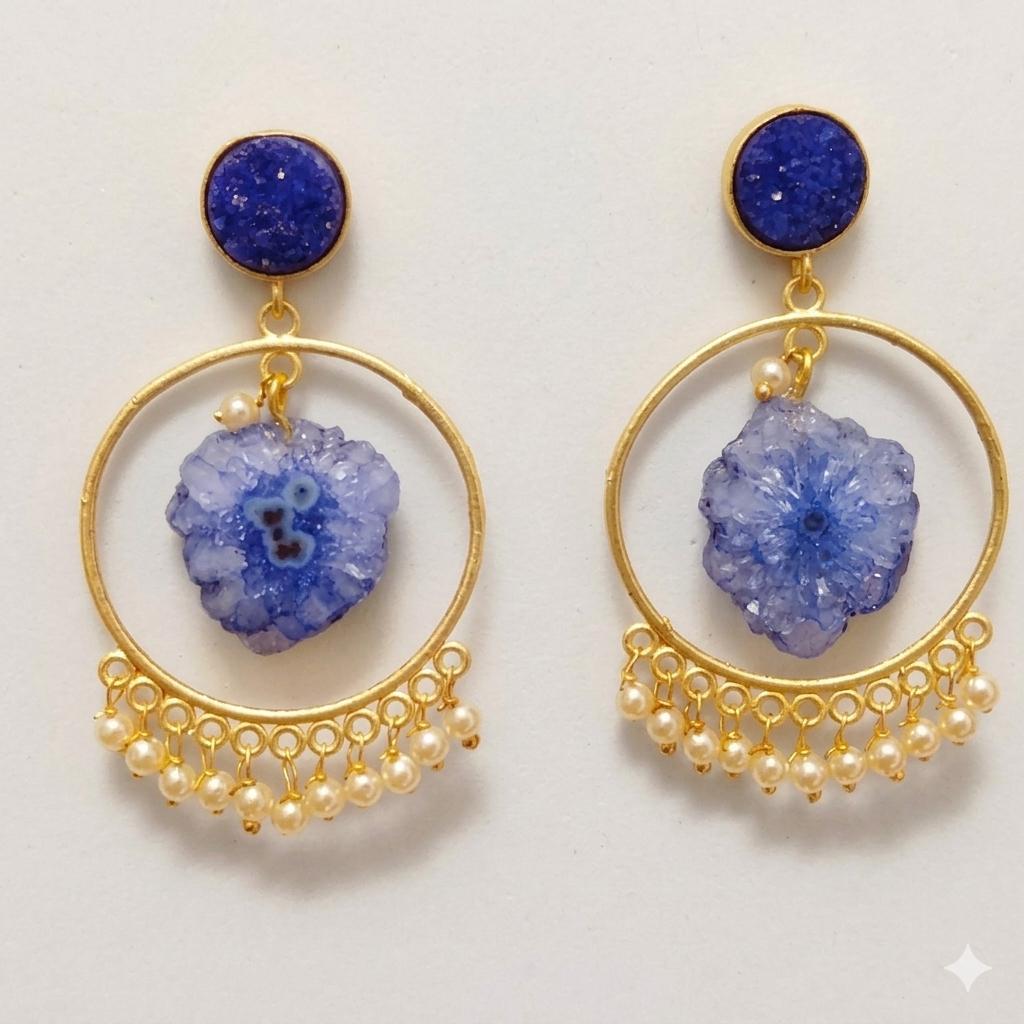 Gold Plated Hoop Earrings, Blue Druzy and Solar Quartz, Boho Style