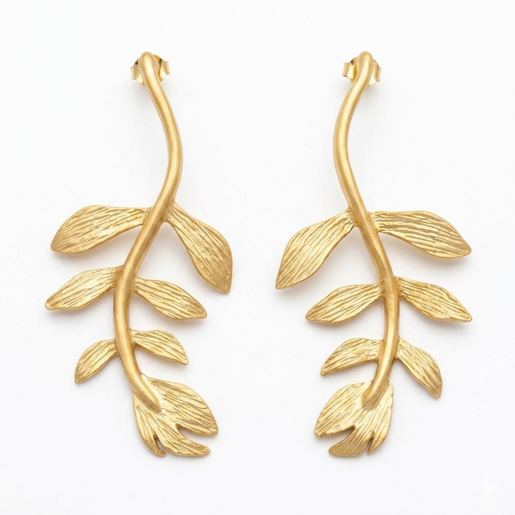 Brass Gold Plated Leaf Dangle Earrings – Boho Chic Hypoallergenic Lightweight Jewelry