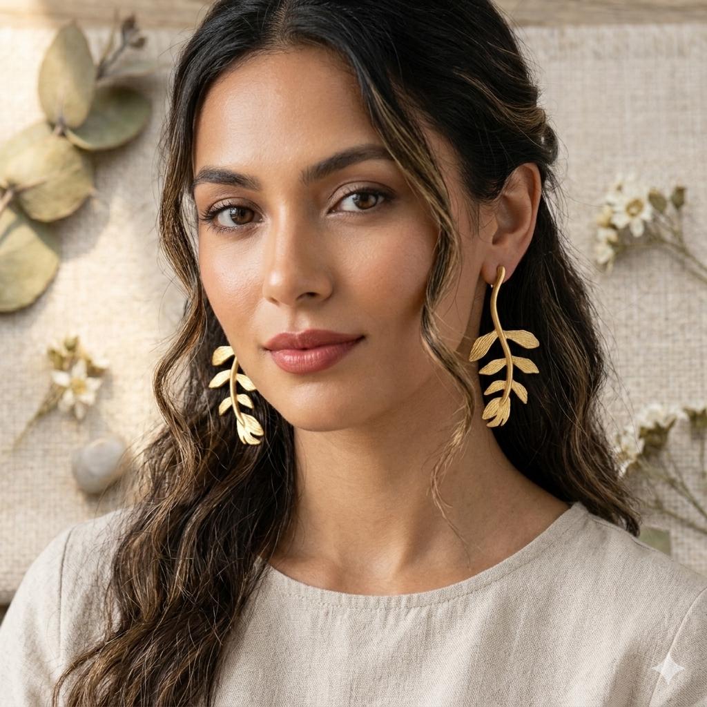 Brass Gold Plated Leaf Dangle Earrings – Boho Chic Hypoallergenic Lightweight Jewelry