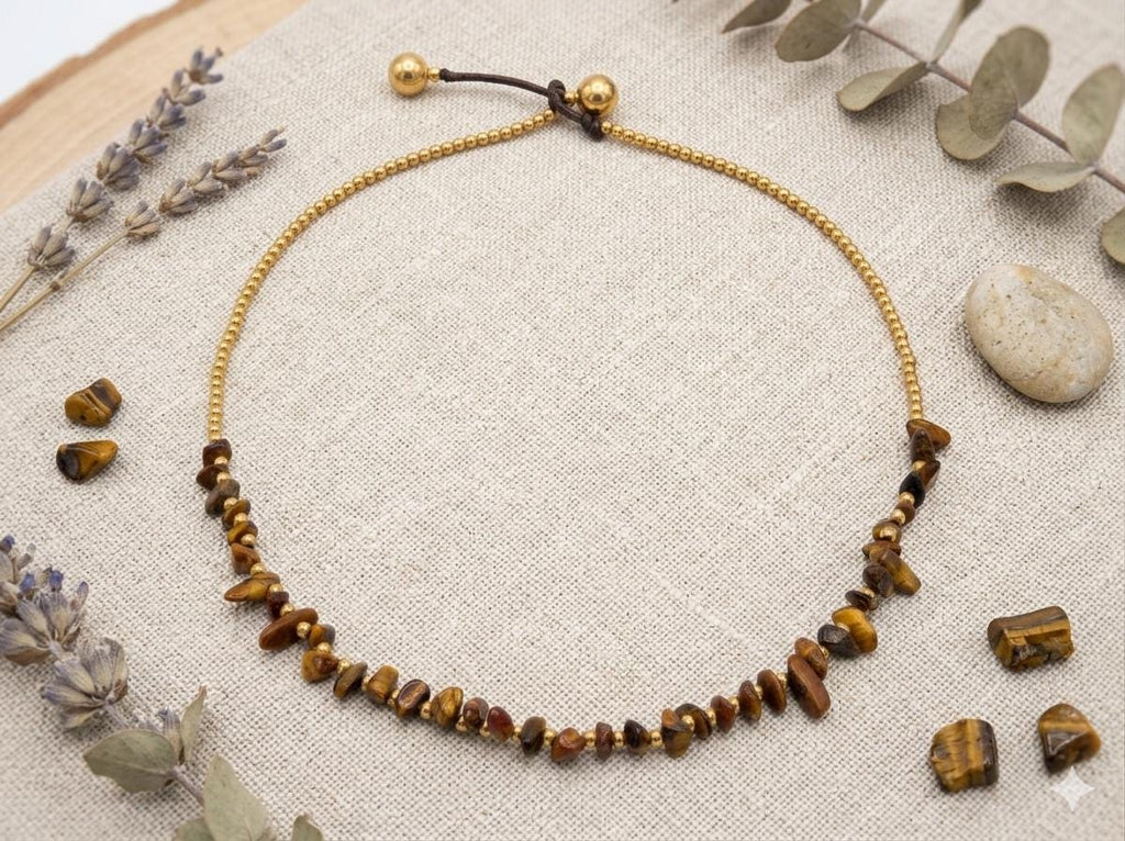 Tiger Eye Chip Necklace, Brass Ball Chain, Adjustable Waxed Cord