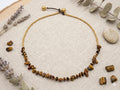 Tiger Eye Chip Necklace, Brass Ball Chain, Adjustable Waxed Cord