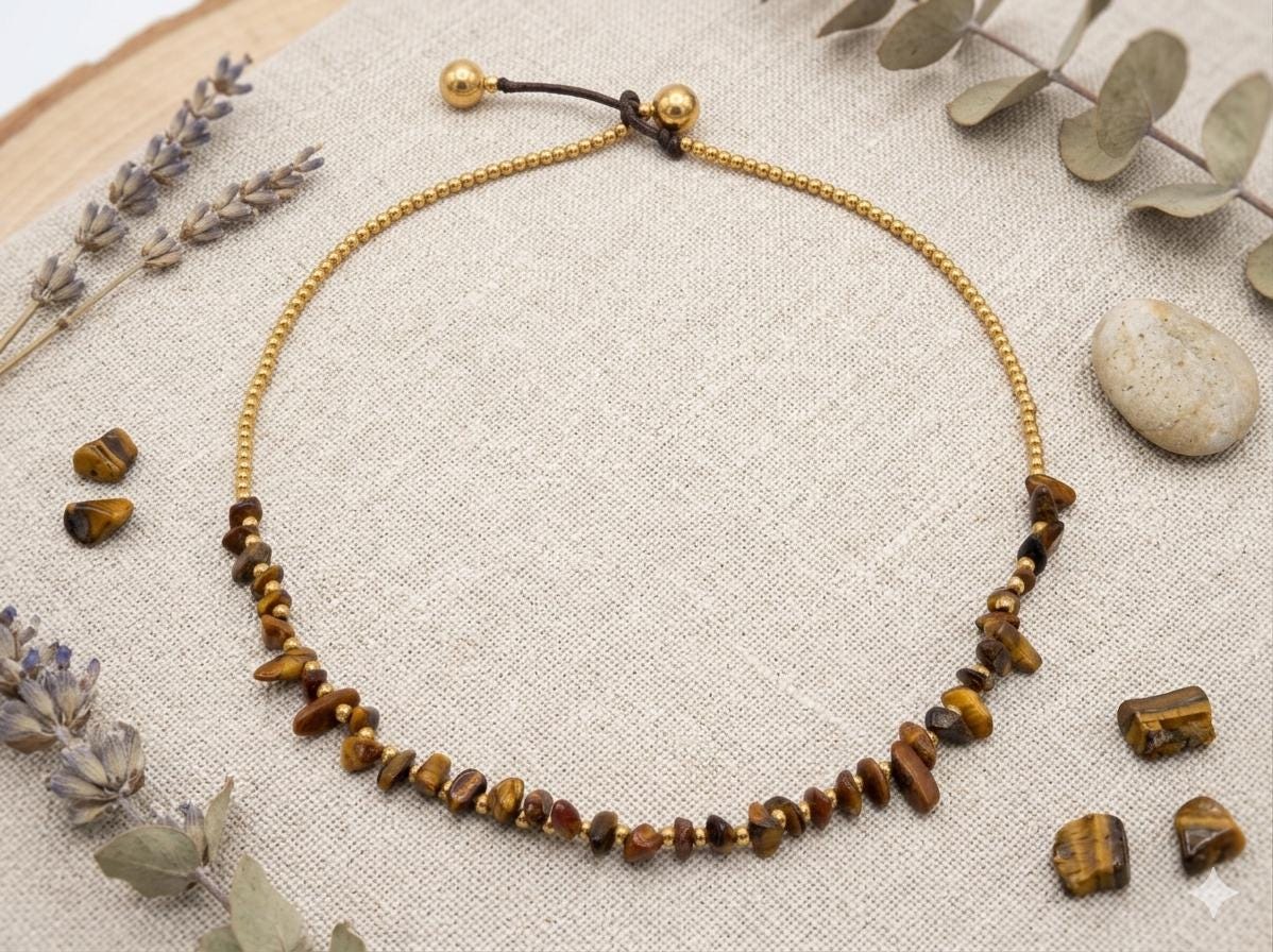 Tiger Eye Chip Necklace, Brass Ball Chain, Adjustable Waxed Cord