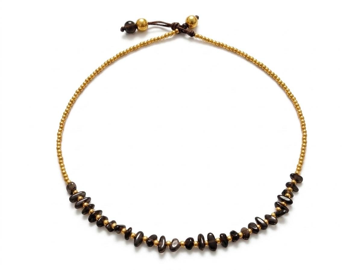 Macrame Black Agate Necklace, Brass Gold Beads, Adjustable Waxed Cord