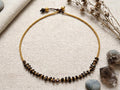 Macrame Black Agate Necklace, Brass Gold Beads, Adjustable Waxed Cord