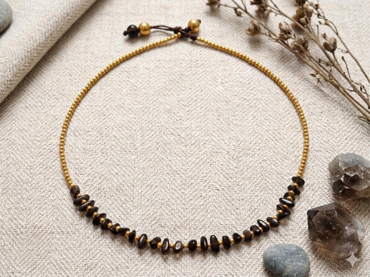 Macrame Black Agate Necklace, Brass Gold Beads, Adjustable Waxed Cord