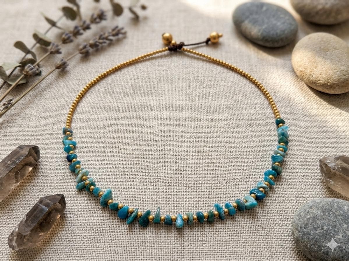 Handmade Chrysocolla Brass Beaded Necklace – Minimalist Adjustable Cord Jewelry