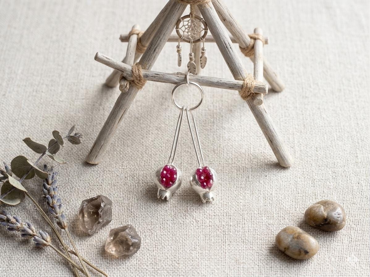 Pomegranate Ruby Jade Earrings: Boho Silver Plated Abundance Jewelry